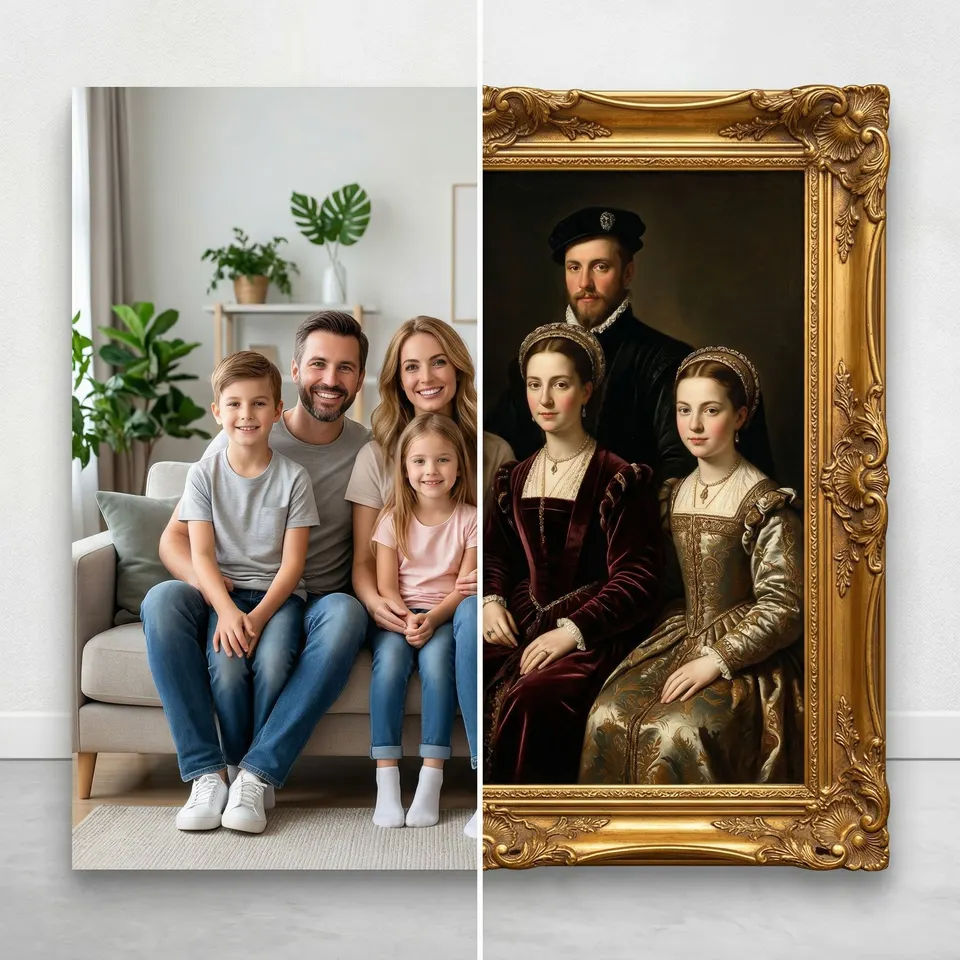 Unha foto de familia e o mesmo grupo pintado como un retrato renacentista